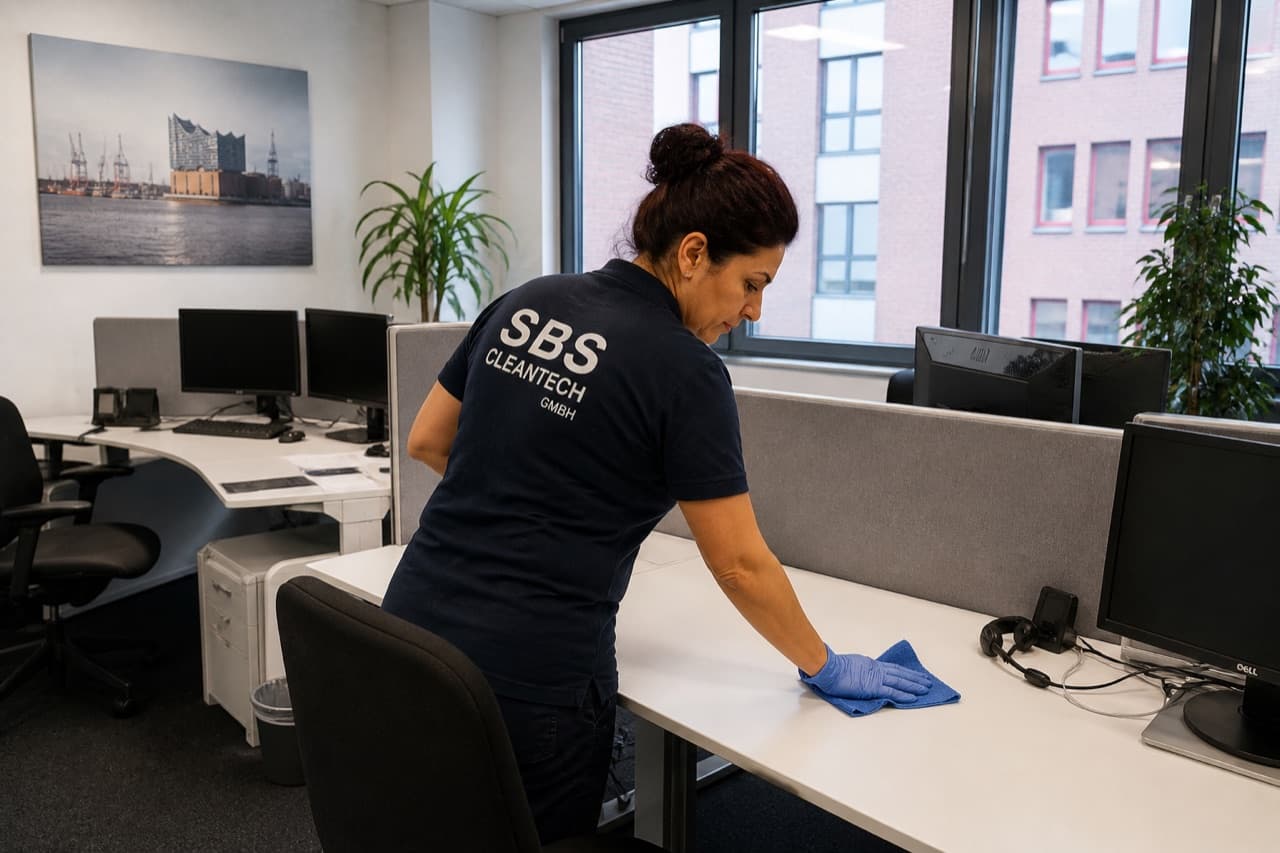 SBS Cleantech Mitarbeiterin bei der Büroreinigung in Hamburg