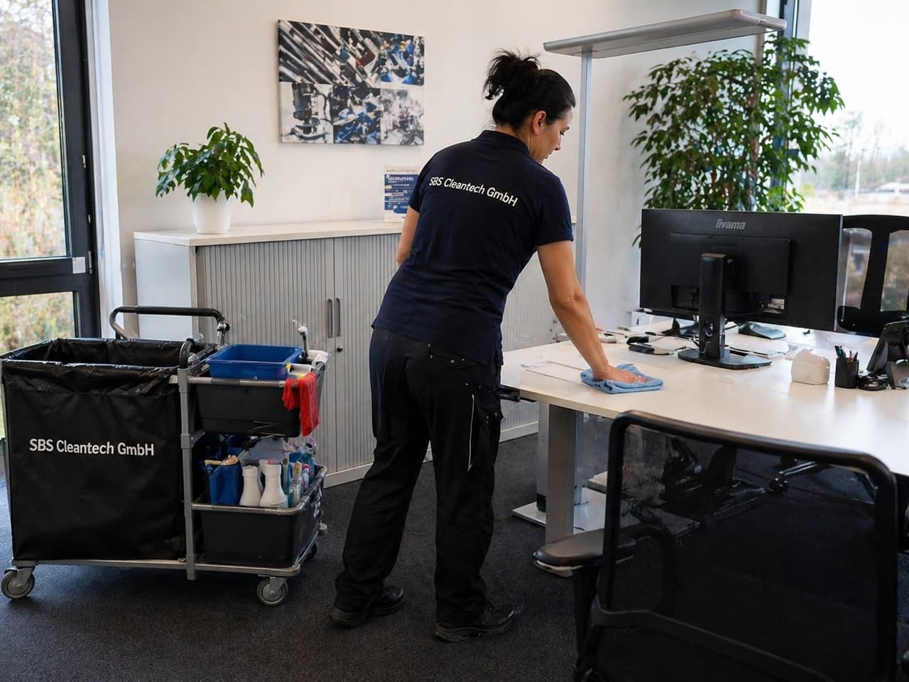 SBS CleanTech Mitarbeiterin bei der professionellen Büroreinigung