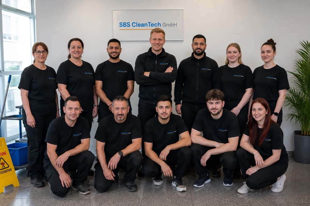 SBS CleanTech GmbH Team Hamburg – Reinigungskräfte in Uniform vor Firmenlogo