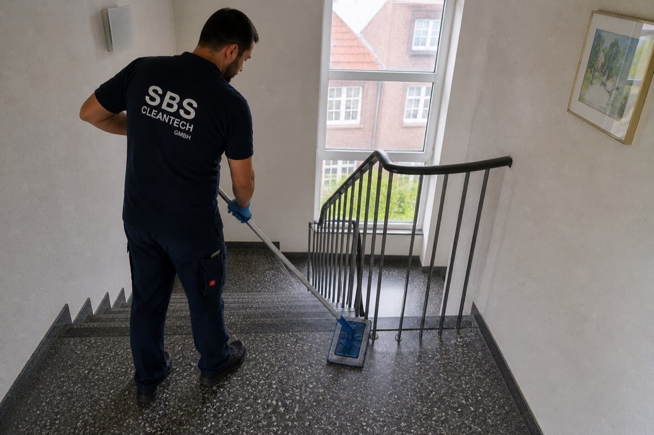 SBS Cleantech Mitarbeiter bei der Treppenhausreinigung in Stade